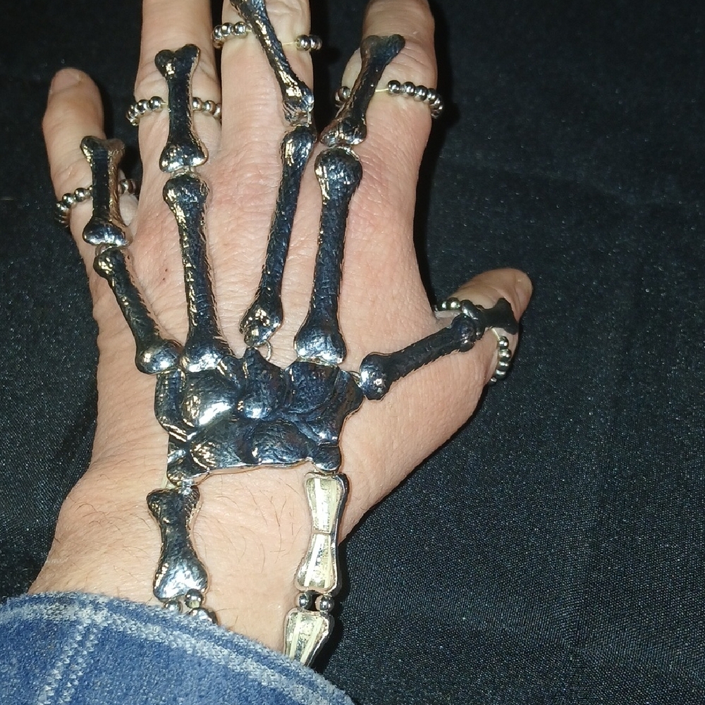 Silver Skeleton Hand Chain Bracelet Ring Set -Accessories
